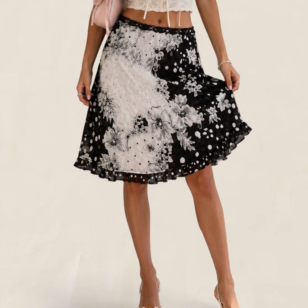 Vintage Y2K Mixed Print Polka Dot Floral Midi Skirt reversible Boho Fairycore L